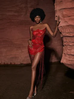 Embellishment|Dresses*Embellishment Verona Embellished Diamond Chain Dress In Red