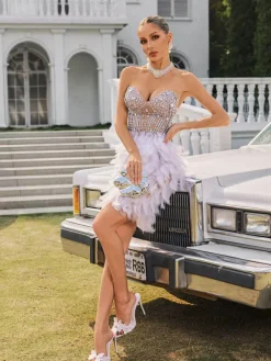 Dresses|Mini Dresses*W Jia Vieby Strapless Embellished Feather Mini Dress