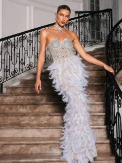 Embellishment|Dresses*Embellishment Vieby Strapless Rhinestone Feather Maxi Dress In White