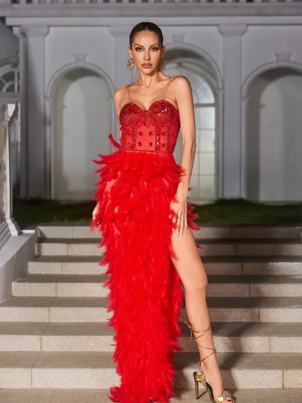 Embellishment|Dresses*Embellishment Vieby Strapless Rhinestone Feather Maxi Dress In Red