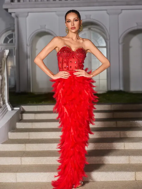 Embellishment|Dresses*Embellishment Vieby Strapless Rhinestone Feather Maxi Dress In Red