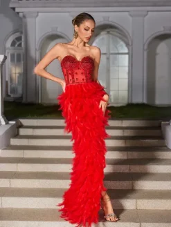 Embellishment|Dresses*Embellishment Vieby Strapless Rhinestone Feather Maxi Dress In Red