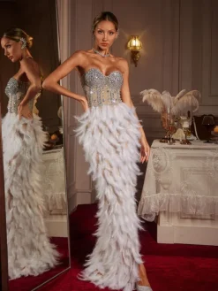 Embellishment|Dresses*Embellishment Vieby Strapless Rhinestone Feather Maxi Dress In White