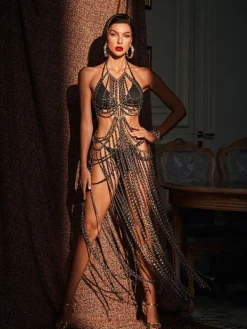 Dresses|Maxi Dresses*Mew Mews Fashion O/S Virgil Halterneck Fringe Body Chain Dress