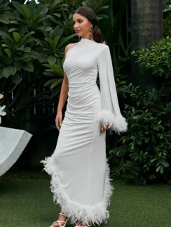 Dresses*Mew Mews Fashion Vulcan One Shoulder Feather Kaftan Dress