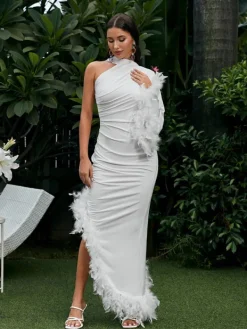 Dresses*Mew Mews Fashion Vulcan One Shoulder Feather Kaftan Dress