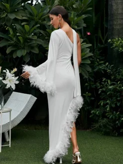 Dresses*Mew Mews Fashion Vulcan One Shoulder Feather Kaftan Dress