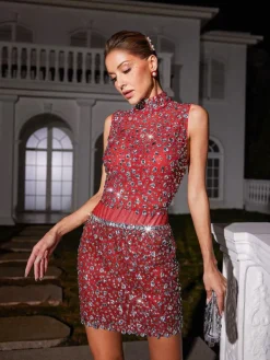 Embellishment*Embellishment Wade Rhinestone Mesh Skirt Set In Red
