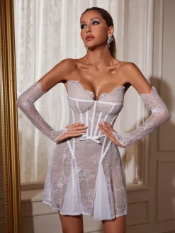Embellishment|Dresses*Lu Yili Wilma Strapless Corset Lace Mini Dress With Gloves