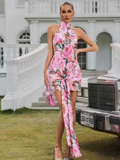 Dresses|Mini Dresses*Mew Mews Fashion Wyvanna Halterneck Floral Twisted Mini Dress