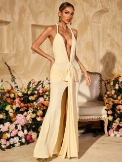Dresses|Maxi Dresses*Mew Mews Fashion Wyxara Plunge Neck Ruched Split Maxi Dress
