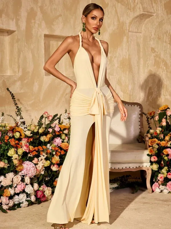 Dresses|Maxi Dresses*Mew Mews Fashion Wyxara Plunge Neck Ruched Split Maxi Dress