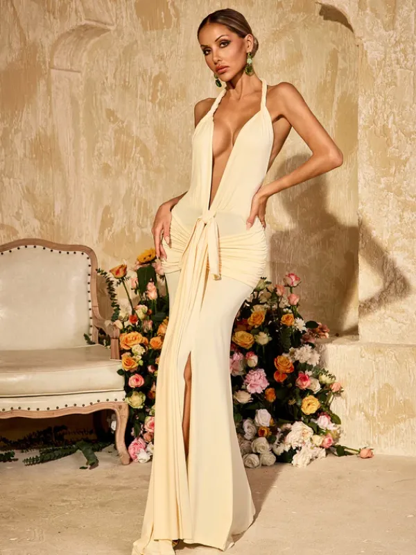 Dresses|Maxi Dresses*Mew Mews Fashion Wyxara Plunge Neck Ruched Split Maxi Dress