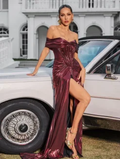 Dresses|Maxi Dresses*Mew Mews Fashion Xanthelle Off Shoulder Split Metallic Maxi Dress