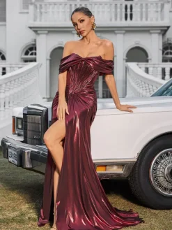 Dresses|Maxi Dresses*Mew Mews Fashion Xanthelle Off Shoulder Split Metallic Maxi Dress