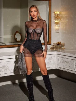 Dresses|Mini Dresses*Mew Mews Fashion Yarrow Long Sleeve Crystal Mesh Mini Dress