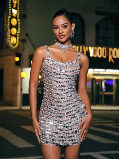 Embellishment|Dresses*Embellishment Yeats Spaghetti Rhinestone Mini Dress