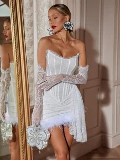 Dresses|Mini Dresses*Mew Mews Fashion Yolita Strapless Lace Feather Mini Dress With Gloves
