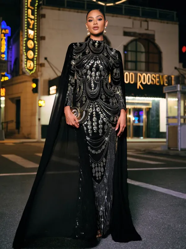 Dresses|Maxi Dresses*Mew Mews Fashion Yuriy Long Sleeve Sequin Draped Maxi Dress