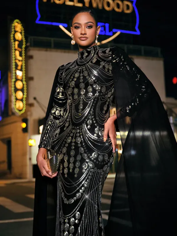 Dresses|Maxi Dresses*Mew Mews Fashion Yuriy Long Sleeve Sequin Draped Maxi Dress
