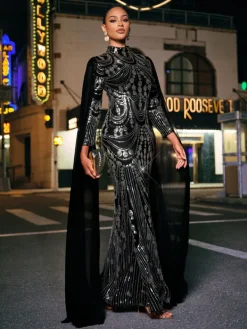 Dresses|Maxi Dresses*Mew Mews Fashion Yuriy Long Sleeve Sequin Draped Maxi Dress