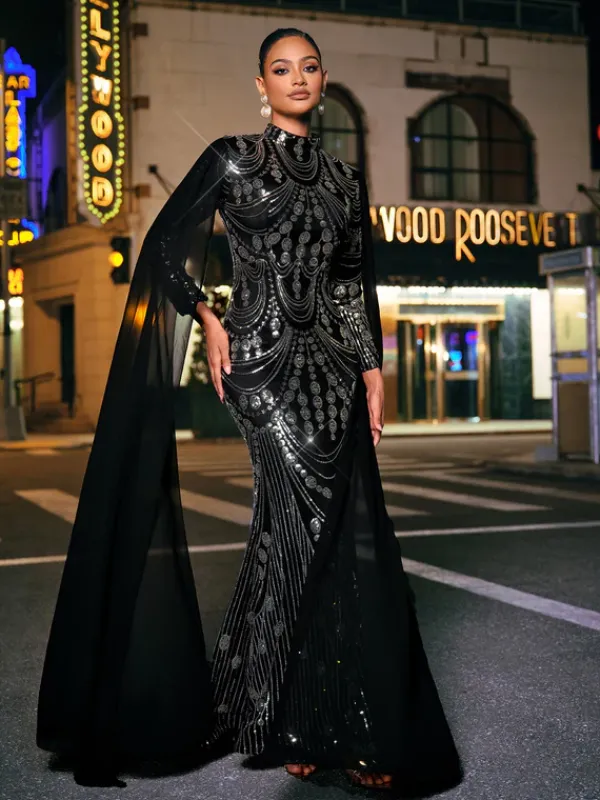 Dresses|Maxi Dresses*Mew Mews Fashion Yuriy Long Sleeve Sequin Draped Maxi Dress