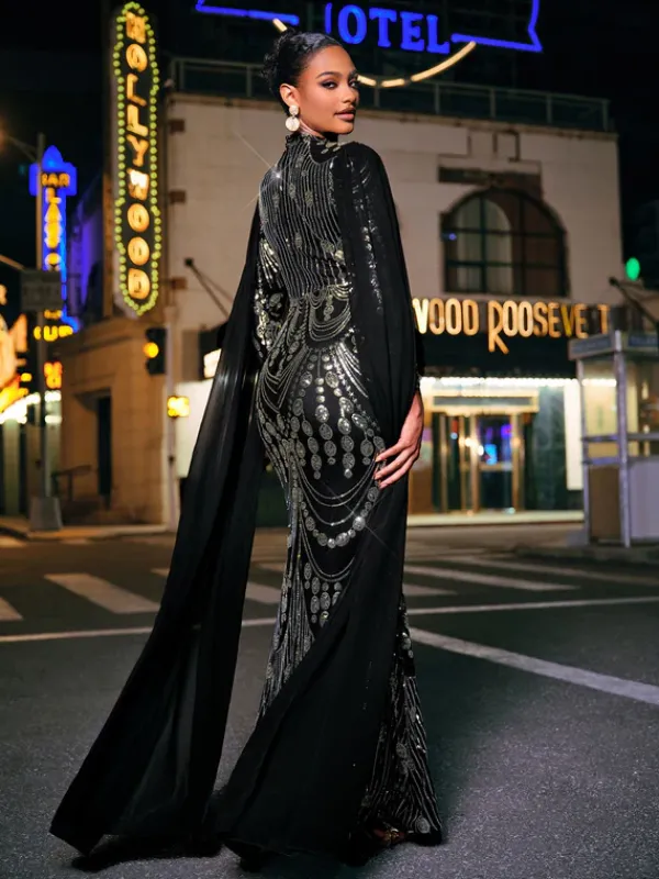 Dresses|Maxi Dresses*Mew Mews Fashion Yuriy Long Sleeve Sequin Draped Maxi Dress