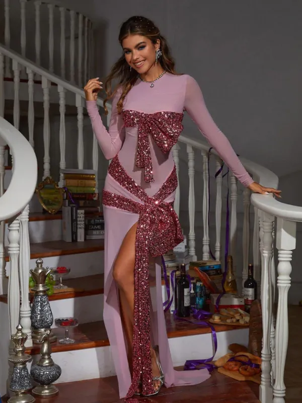 Dresses|Maxi Dresses*Mew Mews Fashion Zachary Long Sleeve Bow Sequin Dress