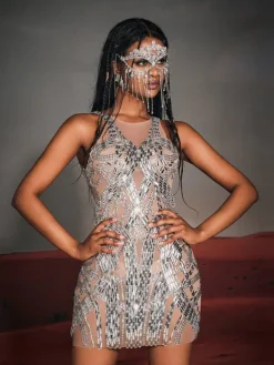 Embellishment|Dresses*Embellishment Zaiden Rhinesone Mesh Mini Dress