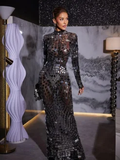 Embellishment|Dresses*Embellishment Zain Long Sleeve Acrylic Mesh Maxi Dress