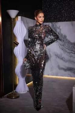 Embellishment|Dresses*Embellishment Zain Long Sleeve Acrylic Mesh Maxi Dress
