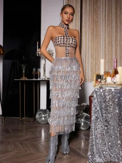 Embellishment|Dresses*Embellishment Zelie Halterneck Rhinestone Fringe Midi Dress