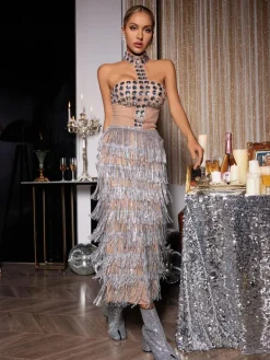 Embellishment|Dresses*Embellishment Zelie Halterneck Rhinestone Fringe Midi Dress