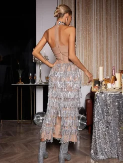 Embellishment|Dresses*Embellishment Zelie Halterneck Rhinestone Fringe Midi Dress