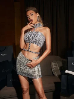 Embellishment|Dresses*Embellishment Zelie Rhinestone Cutout Crop Top In Silver