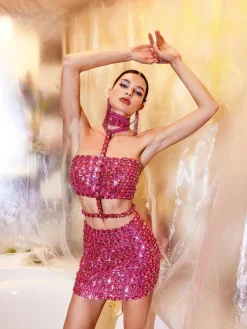 Sets & Co-ords|Embellishment*Embellishment Zelie Rhinestone Skirt Set In Hot Pink