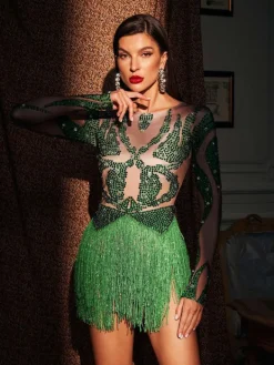 Bodysuits|Tops*Embellishment O/S Zelmira Long Sleeve Rhinestone Fringe Bodysuit