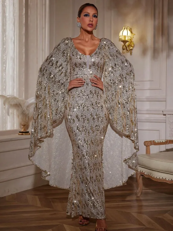 Dresses|Maxi Dresses*Mew Mews Fashion Zephyrus Draped Sleeve Sequin Maxi Dress