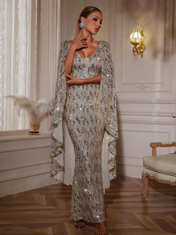 Dresses|Maxi Dresses*Mew Mews Fashion Zephyrus Draped Sleeve Sequin Maxi Dress