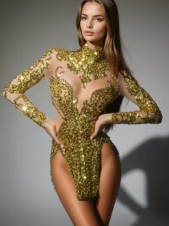Bodysuits|Tops*Jiu Bajia O/S Zoravell Sequin Mesh Bodysuit In Gold