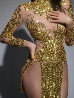 Bodysuits|Tops*Jiu Bajia O/S Zoravell Sequin Mesh Bodysuit In Gold
