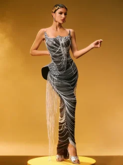 Embellishment|Dresses*Embellishment Zories Strapless Crystal Chain Fringe Maxi Dress